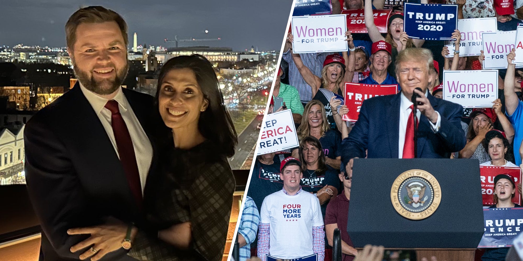 JD Vance and his wife(l), Trump at Maga Rally(r)