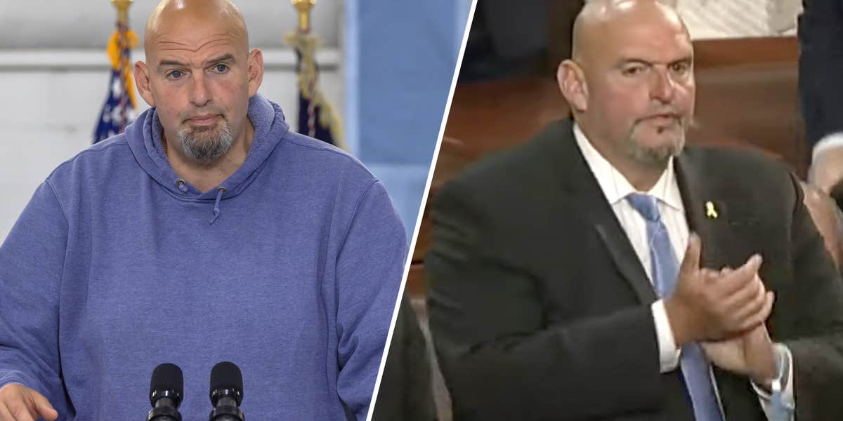 John Fetterman in sweatshirt(l), John Fetterman in suit(r)