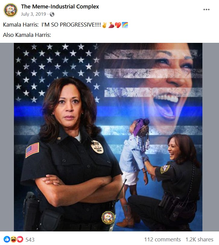 Kamala Harris cop meme with Harris Photoshopped as a police officer arresting a Black girl.