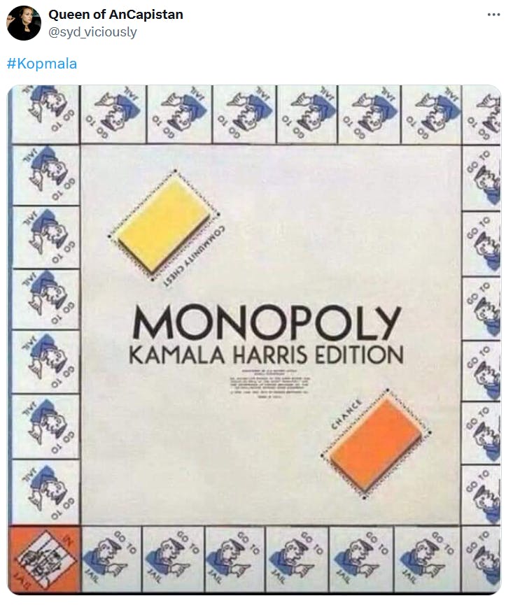 Kamala Harris cop meme with a Monopoly board containing only 'go to jail' spaces and the 'in jail' space.