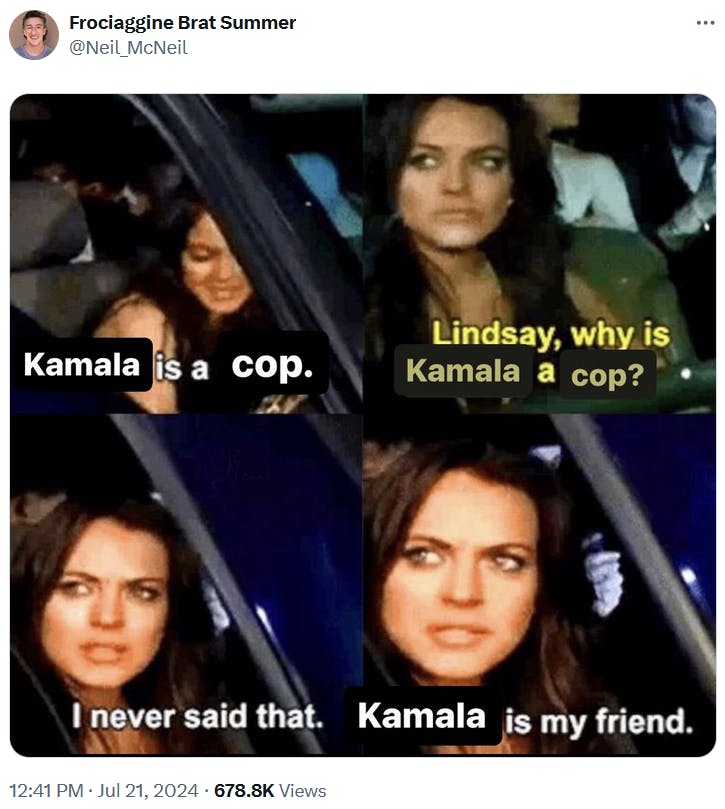 Kamala Harris cop meme with screenshots from a Lindsay Lohan movie.