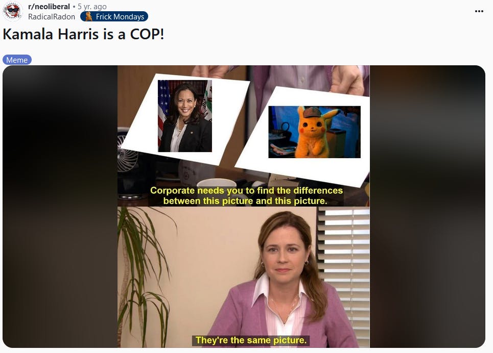 Kamala Harris cop meme using a format from The Office.