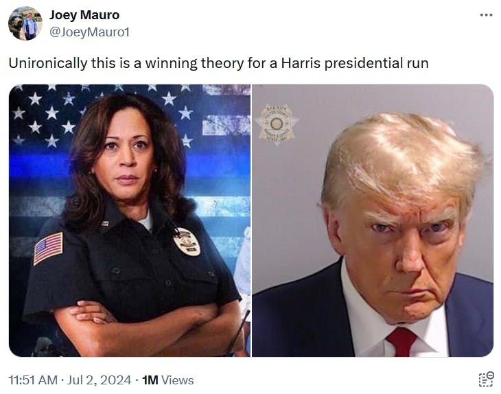 Kamala Harris cop meme with Harris in a police uniform next to Donald Trump's mug shot.