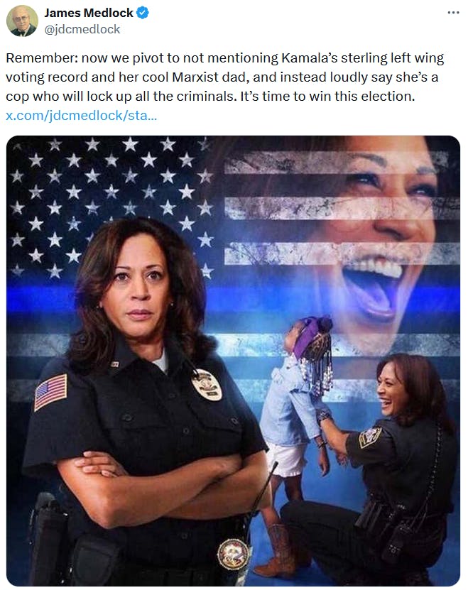 Kamala Harris cop meme in a tweet saying that this will win her the 2024 election.