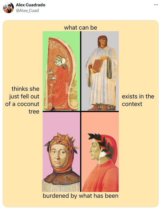 Kamala Harris political compass meme with medieval paintings.