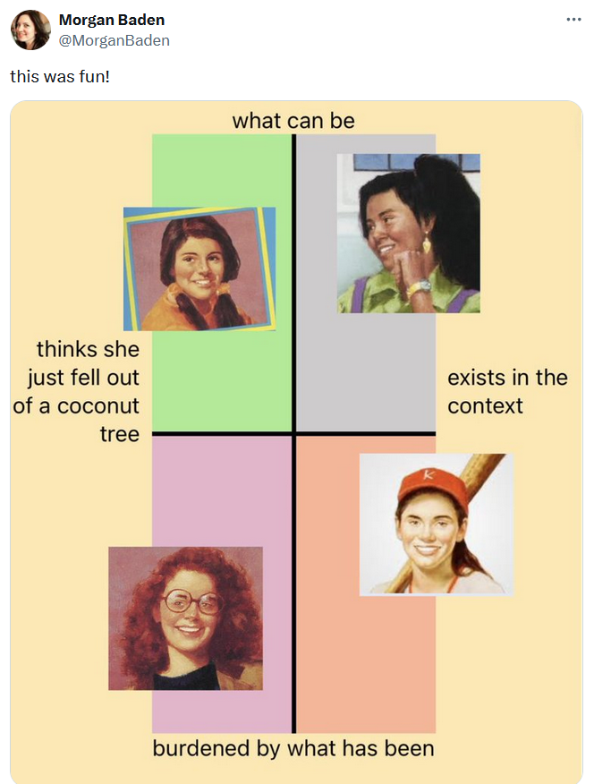 Kamala Harris political compass meme with Babysitter's Club characters.