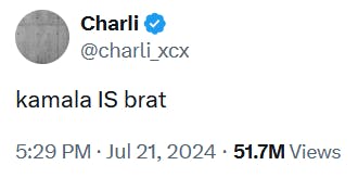 Charli XCX tweet reading 'kamala IS brat.'