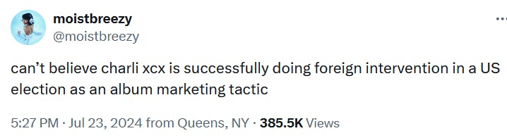 Tweet reading 'can’t believe charli xcx is successfully doing foreign intervention in a US election as an album marketing tactic.'