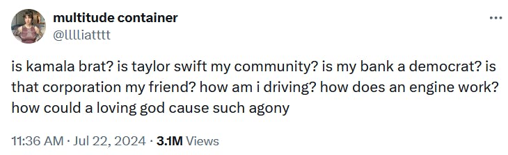 Tweet reading 'is kamala brat? is taylor swift my community? is my bank a democrat? is that corporation my friend? how am i driving? how does an engine work? how could a loving god cause such agony.'