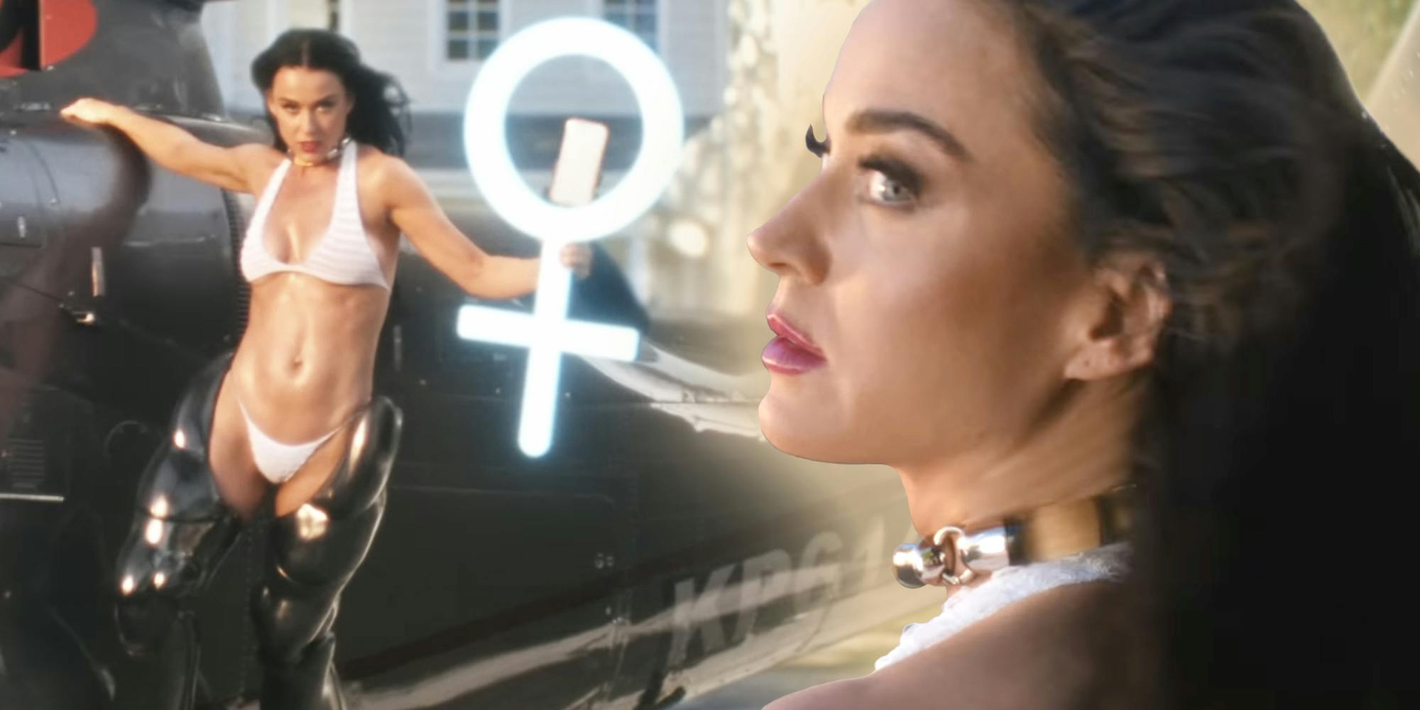 Katy Perry on helicopter holding light against close up of her