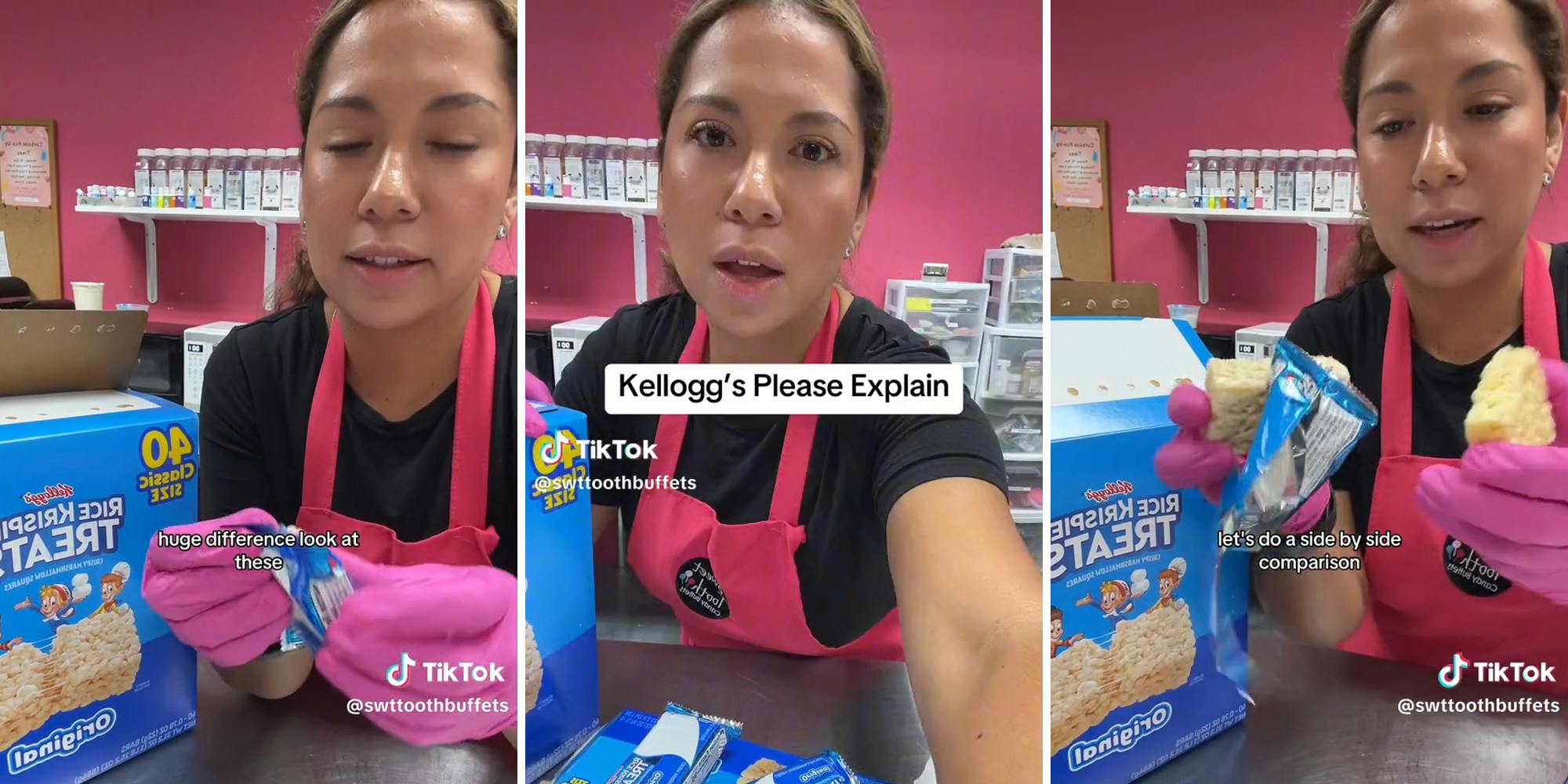 woman holding rice krispie treats with caption "huge difference look at these" (l) woman with caption "Kellogg's please explain" (c) woman holding rice krispie treats with caption "let's do a side by side comparison" (r)