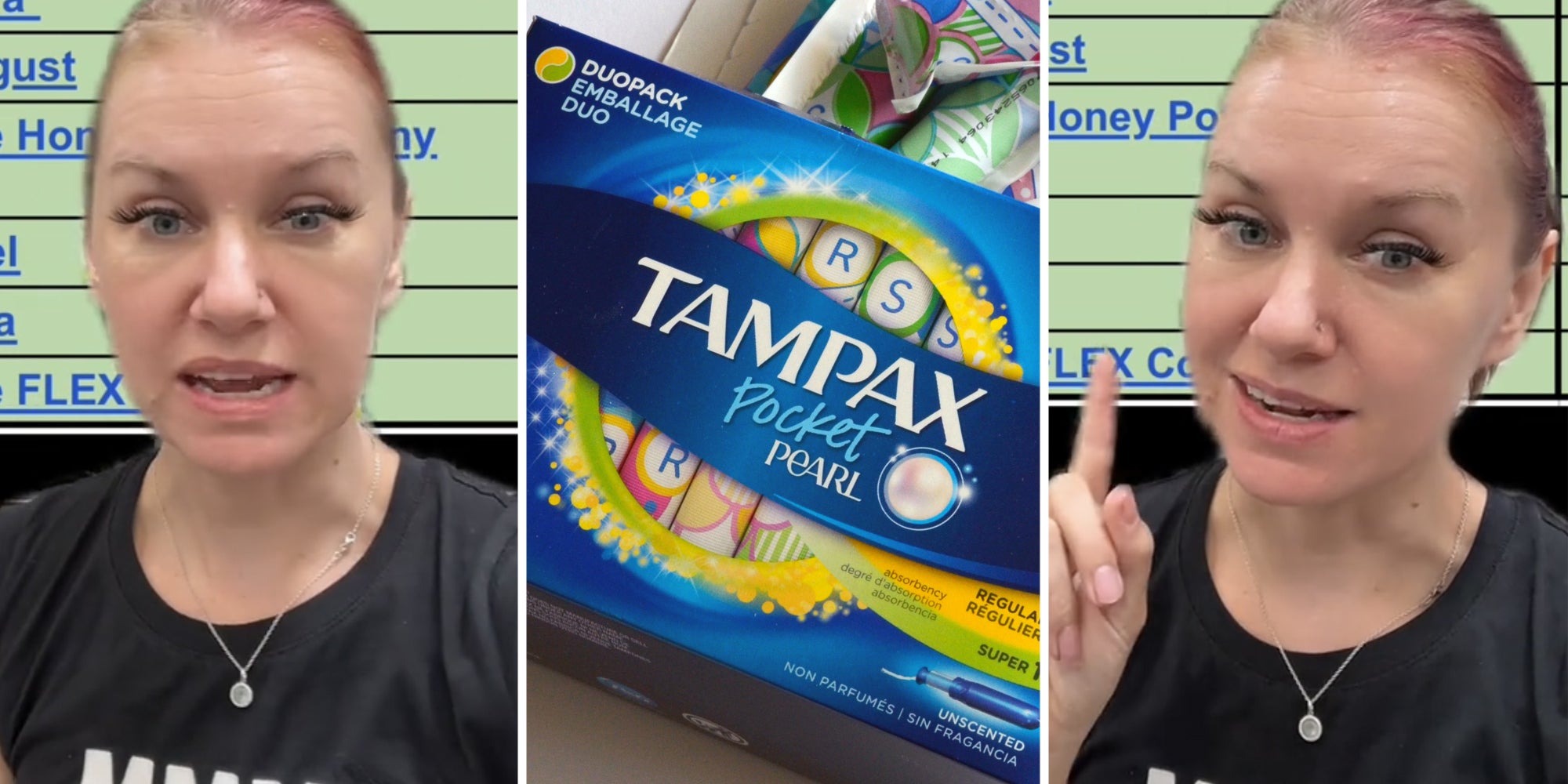 Woman talking(l+r), Tampax box(c)