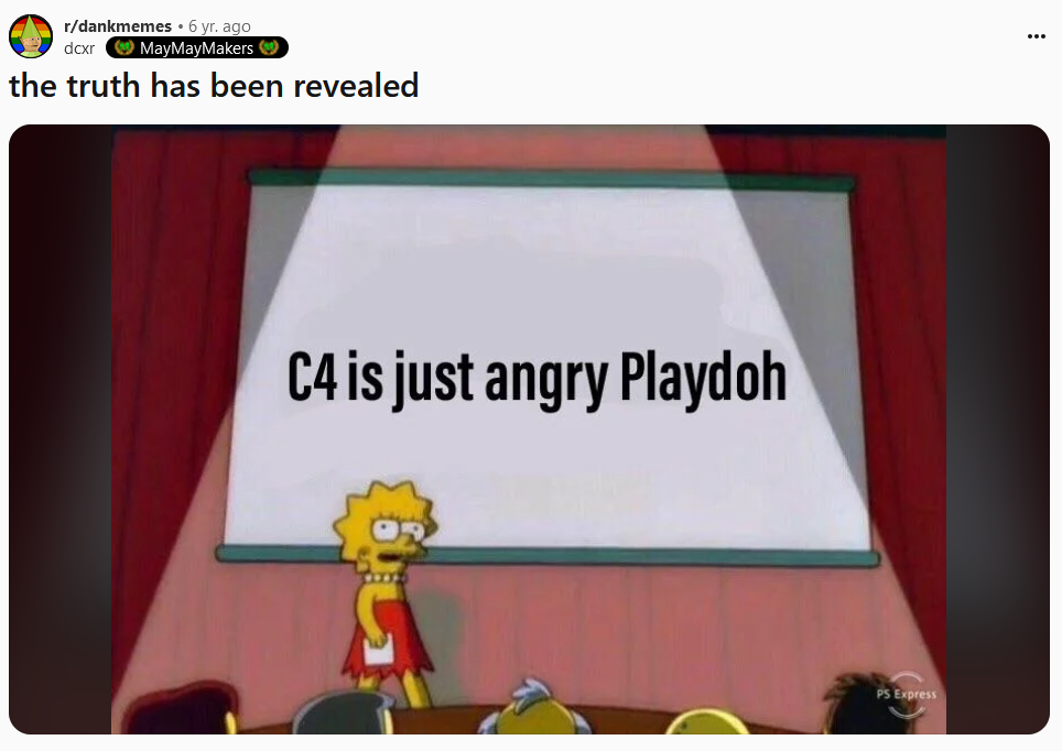 Lisa Simpson presentation meme about C4 and Play-Doh.