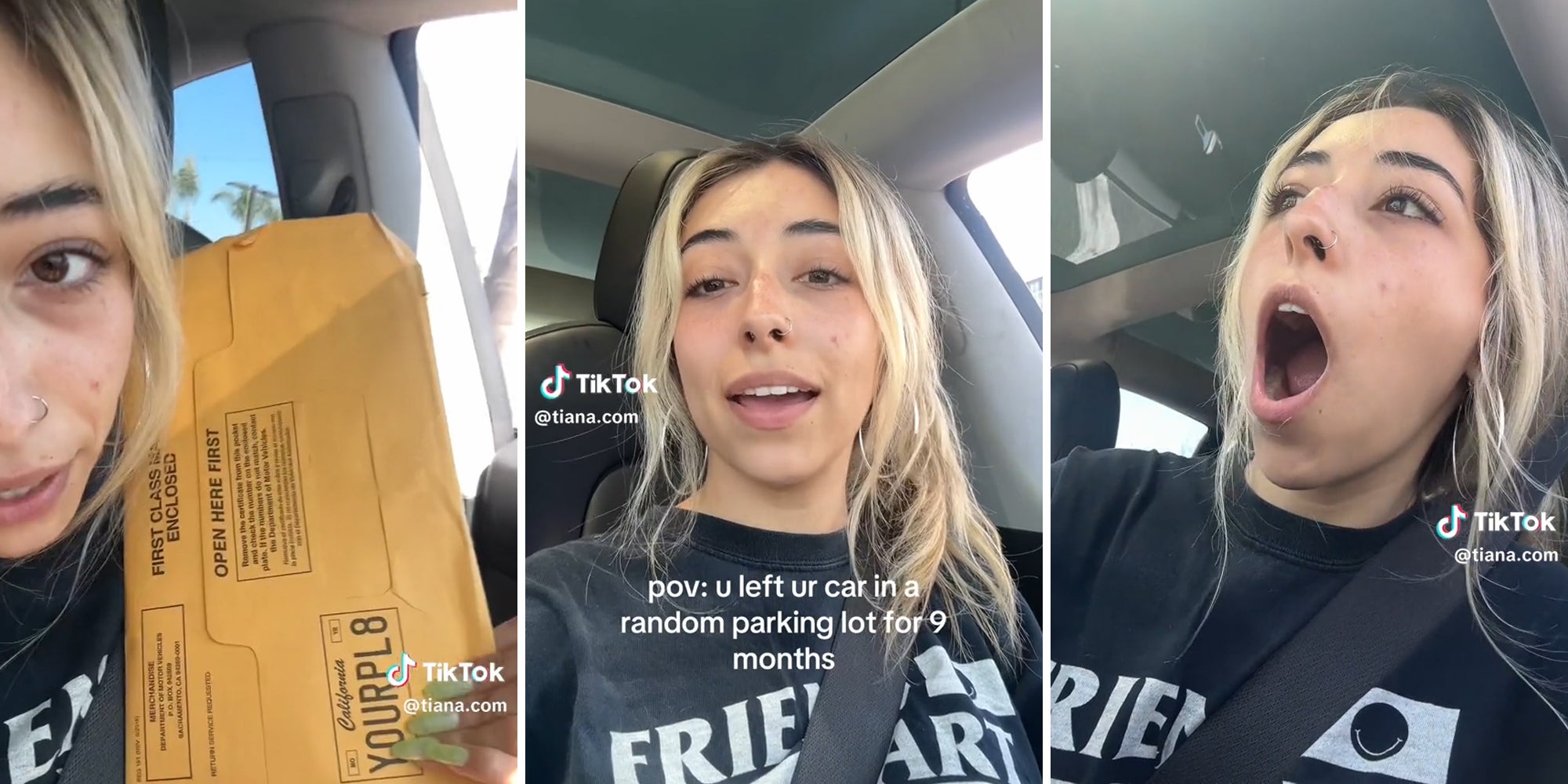 young woman in car with caption 'pov: u left ur car in a random parking lot for 9 months'