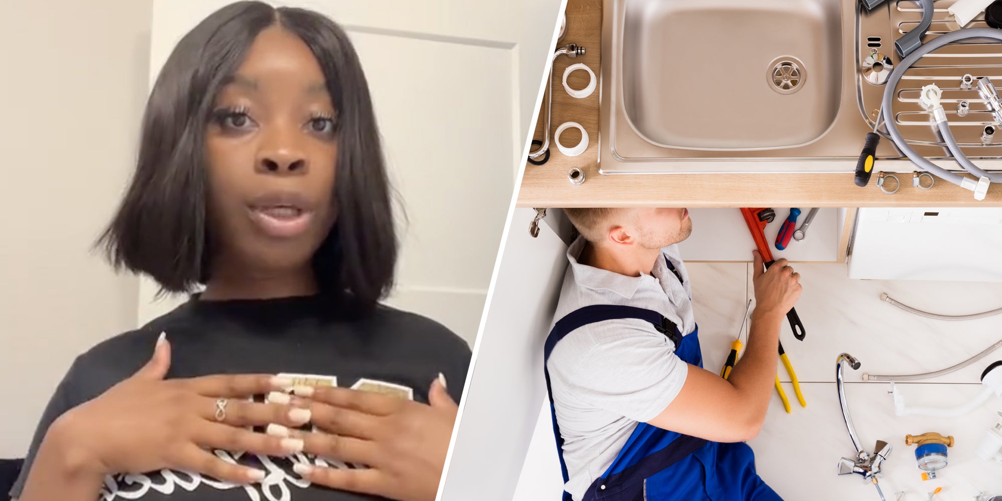 Woman talking(l), Man working on sink(r)
