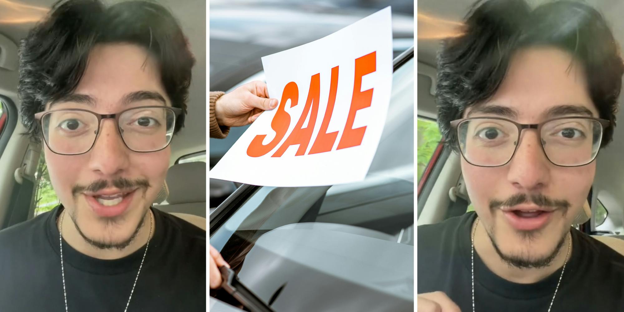 Man talking(l+r), Sale sign on car(c)