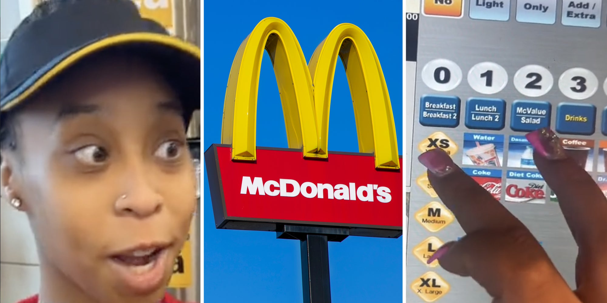 Woman talking(l), McDonalds sign(c), Hand on POS screen(r)