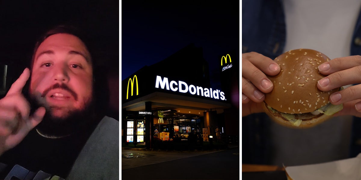 man speaking in car (l) McDonald's at night (c) hand holding burger (r)