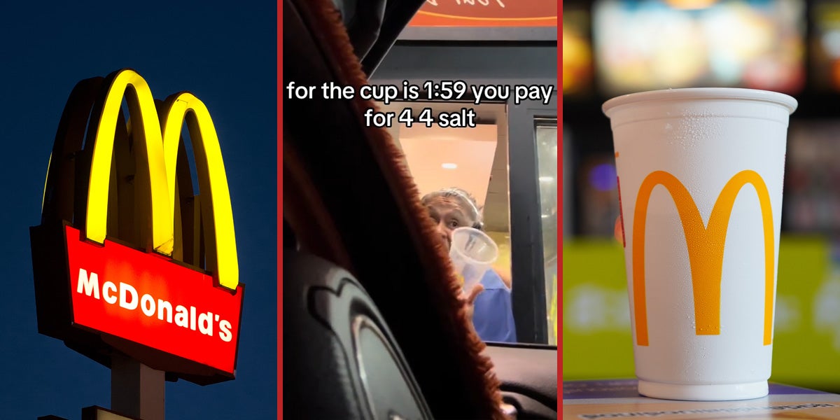 McDonald's sign (l) McDonald's drive thru with caption 'for the cup 1:59 you pay 4 4 salt' (c) McDnald's cup (r)