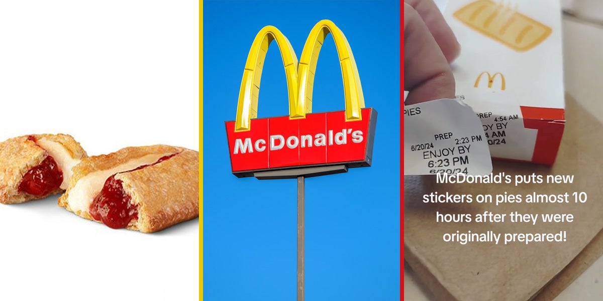 strawberry and cream pie (l) McDonald's sign (c) McDonald's pie with caption 'McDonald's puts new stickers on pies almost 10 hours after they were originally prepared' (r)