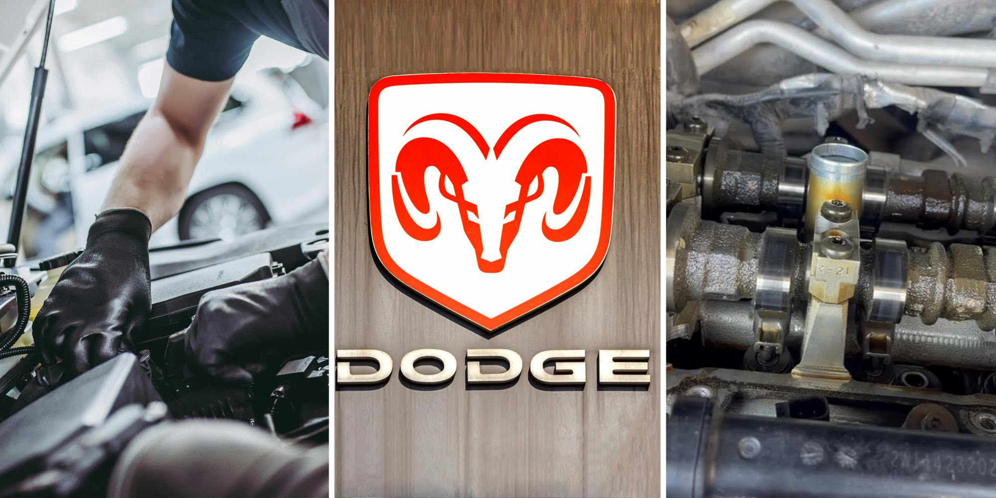 Mechanic working on engine(l), Dodge logo(c), Engine(r)