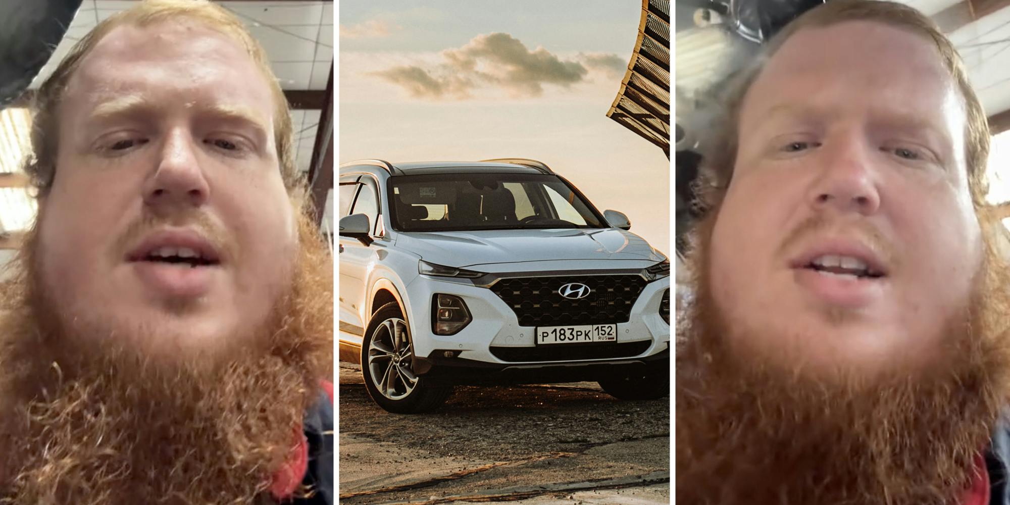 Man talking(l+r), Hyundai Santa Fe(c)