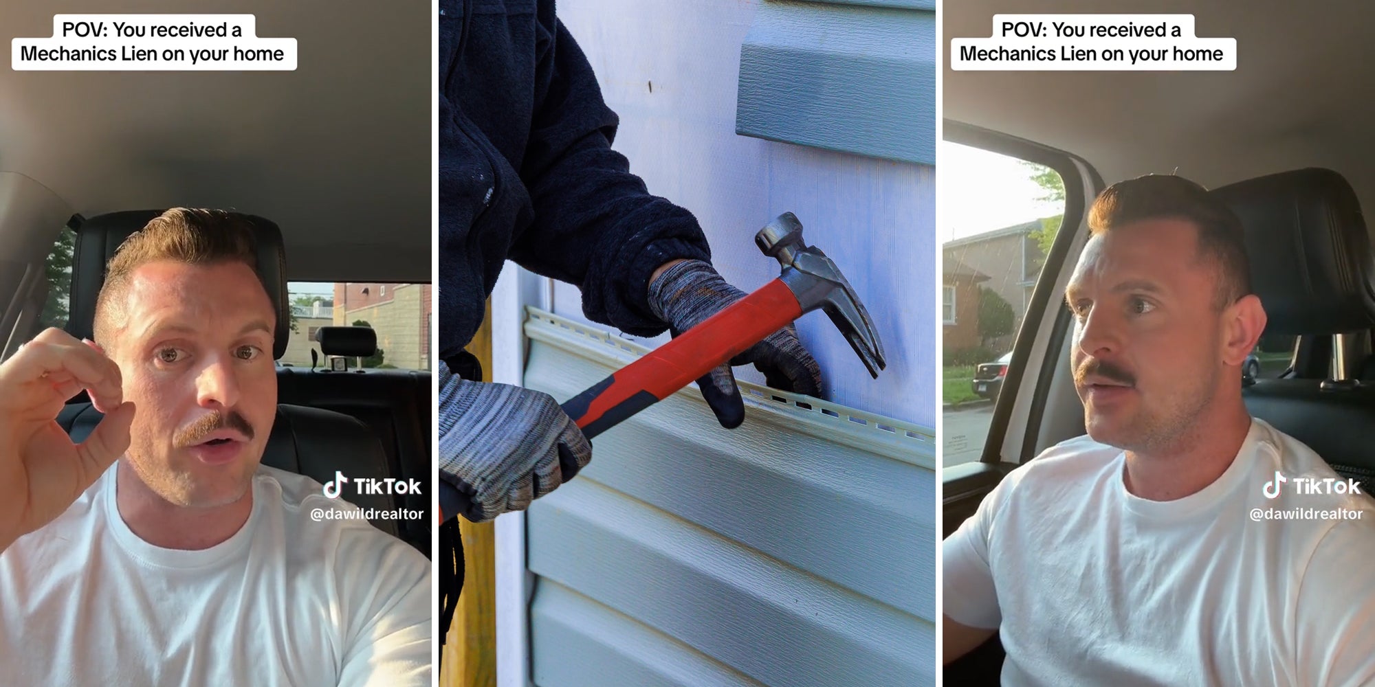 man in car with caption 'POV: you received a Mechanics Lien on your home' (l&r) person working on siding (c)