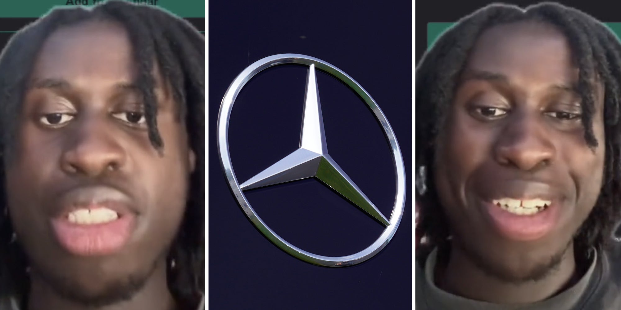 Man talking(l+r), Mercedes logo(c)
