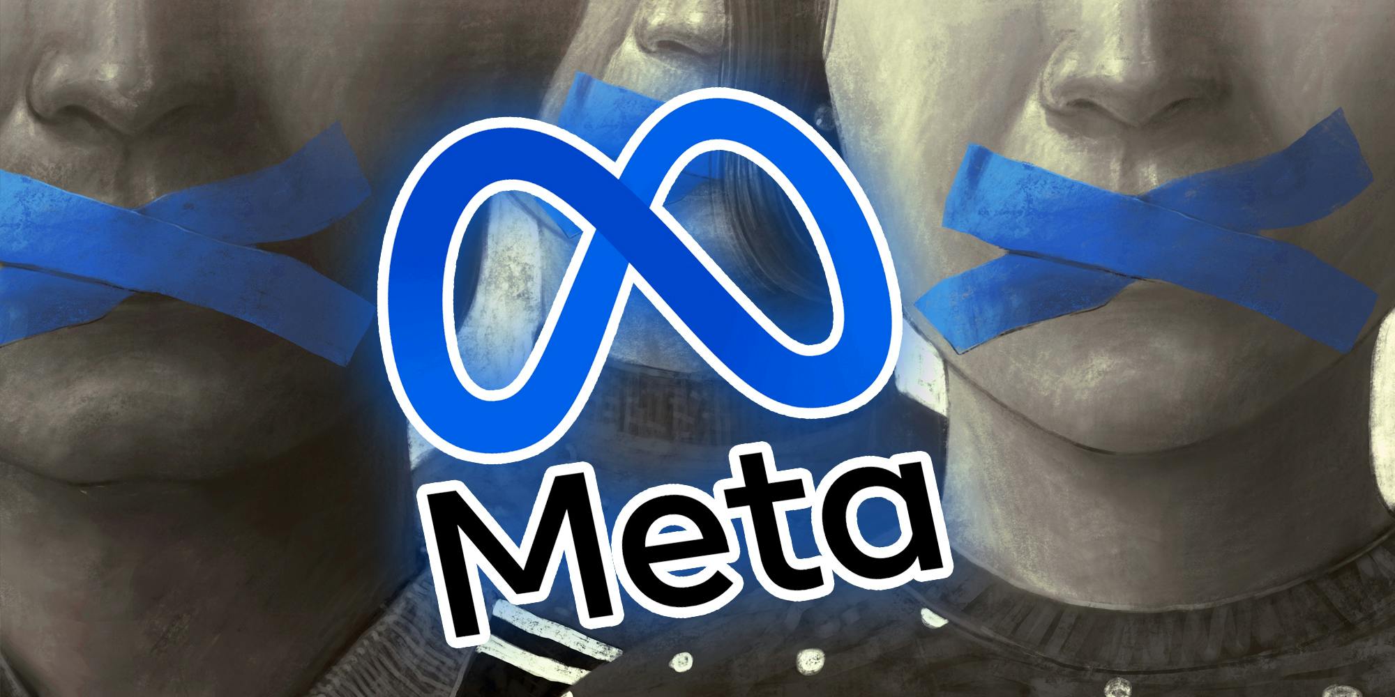 Illustration of mouths covered with tape and the meta logo floating over it