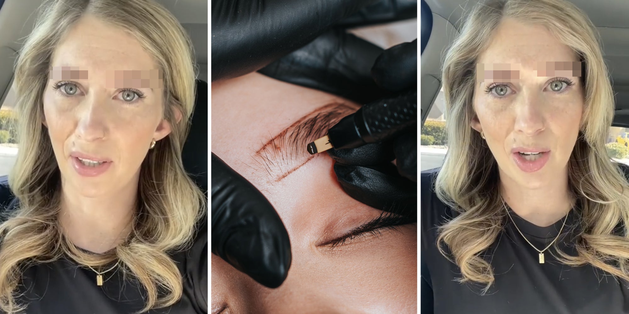Woman talking(l+r), Eyebrows microblading(c)