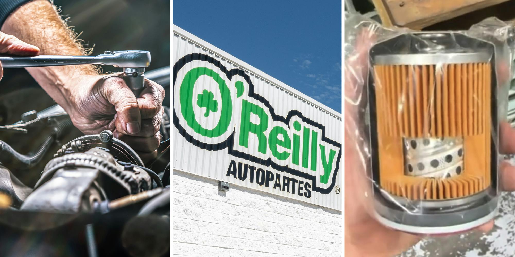 Mechanic(l), O'Reilly Autopartes sign(c), Oil filter(r)