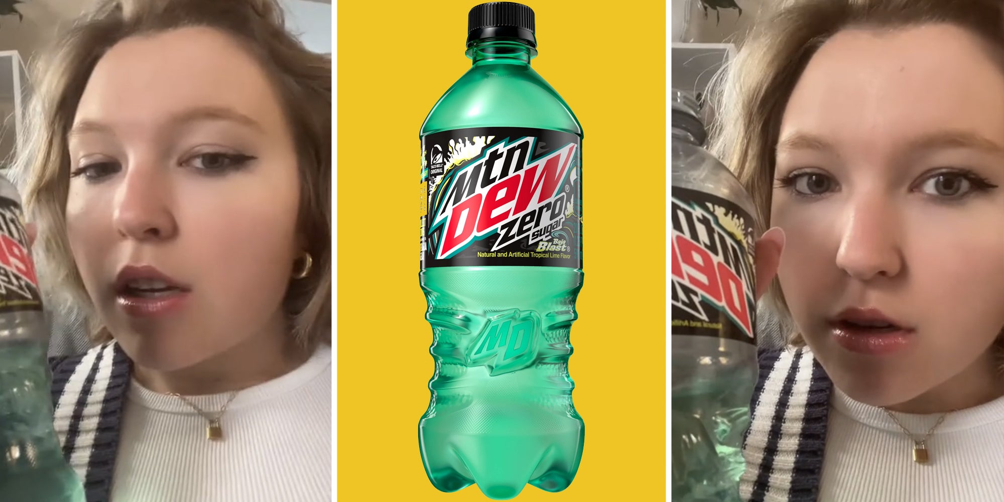 Woman talking with Mountain Dew(l+r), Mountain Dew Baja Blast zero(c)