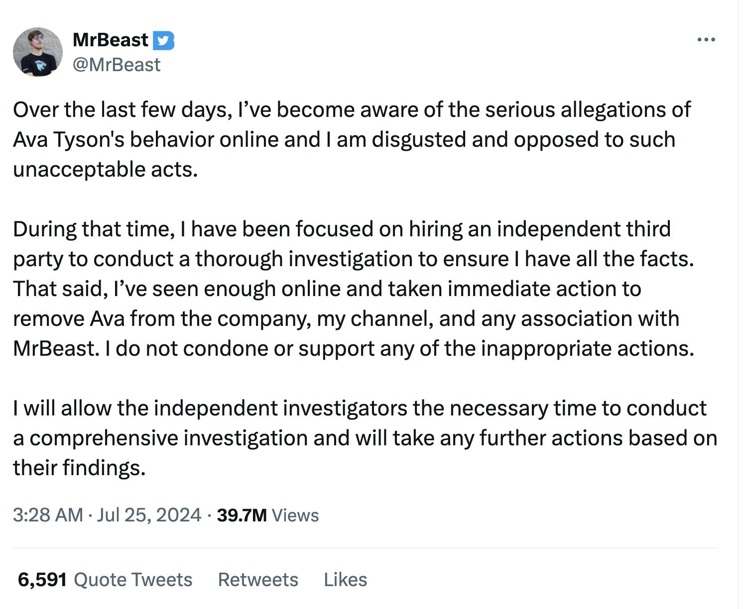 Screenshot of MrBeast's response to the allegations against Ava Kris Tyson.