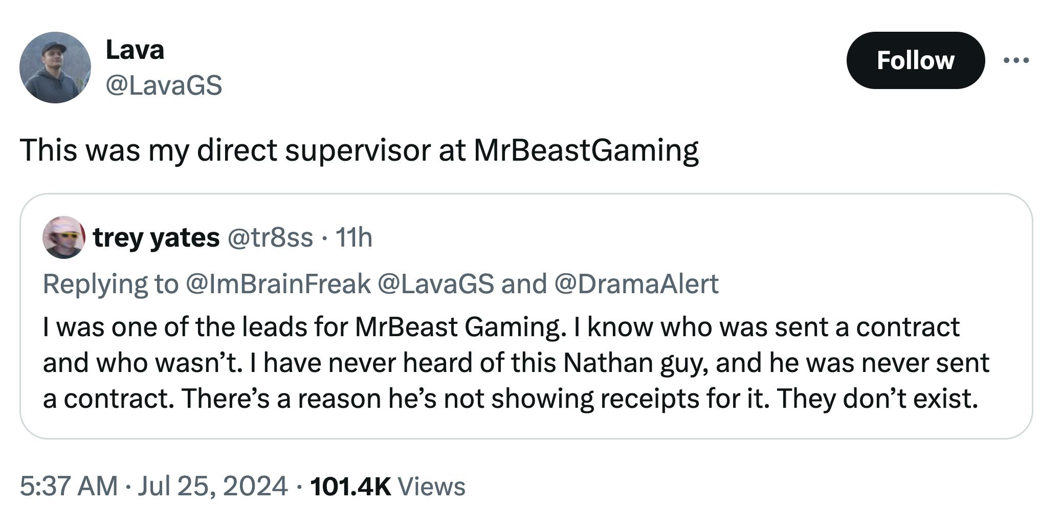 Quote retweet from Lava about the allegations against Ava Kris Tyson, sharing a tweet from one of his old MrBeast supervisors.