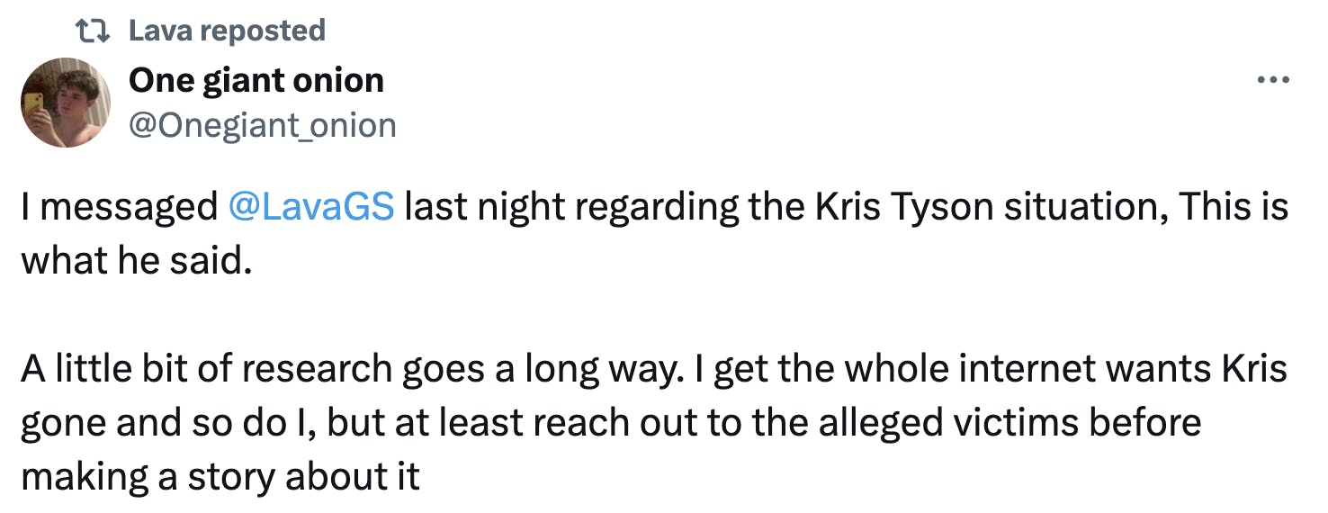 Tweet from an X user named Onegiant_onion about a messaged conversation they had with Lava about the allegations against Ava Kris Tyson.