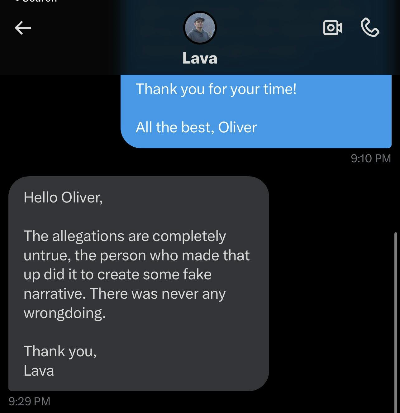 Screenshot from an X user named Onegiant_onion of a message conversation they had with Lava about the allegations against Ava Kris Tyson.