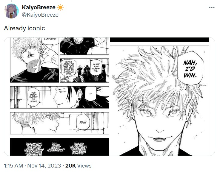 Tweet showing panels from Jujutsu Kaisen including the one with 'nah I'd win.'