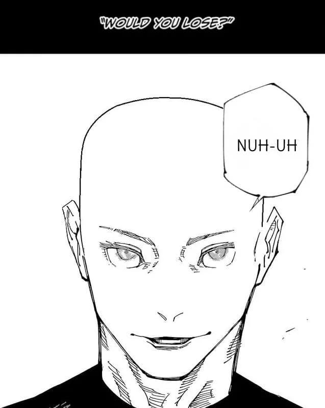 Bald Satoru Gojo saying 'nuh-uh' instead of 'nah I'd win.'