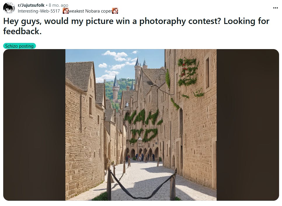 Photo of an alley altered so the moss and entryways look like they read 'nah I'd win.'