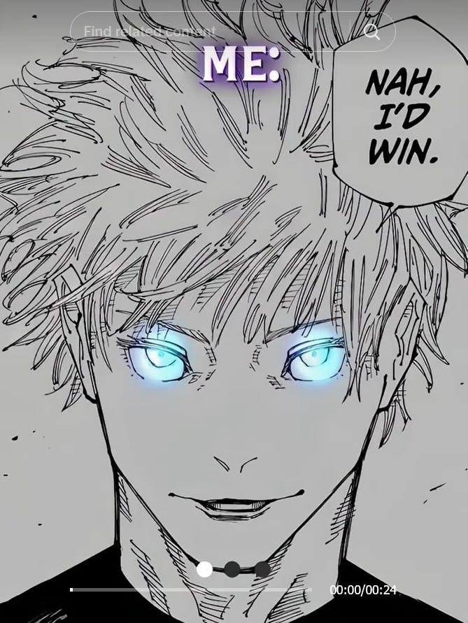 Jujutsu Kaisen 'nah I'd win' panel with glowing eyes.