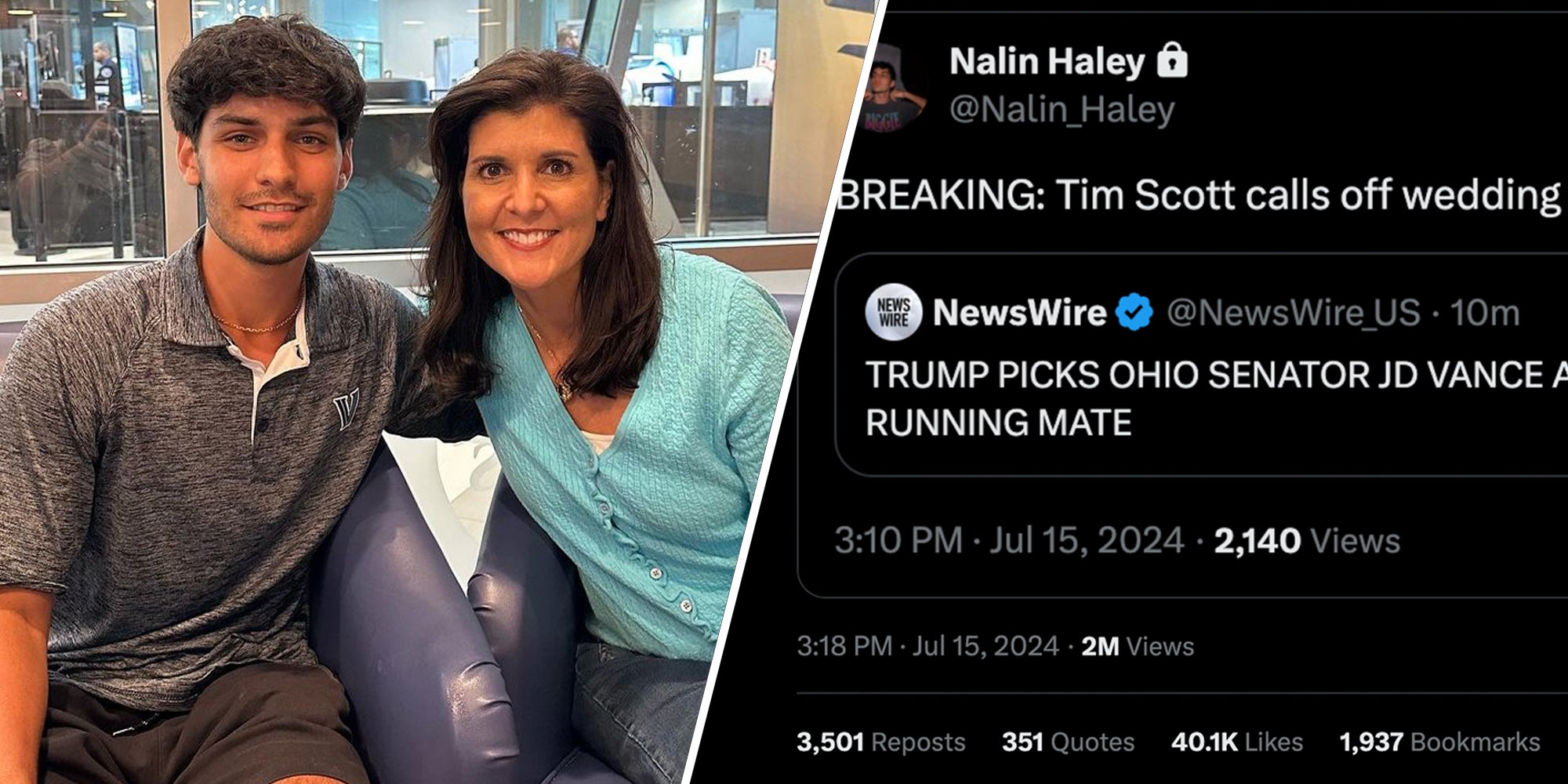 Nalin and Nikki Haley(l), Tweetn from Nalin in response to tweet about JD Vance as VP(r)