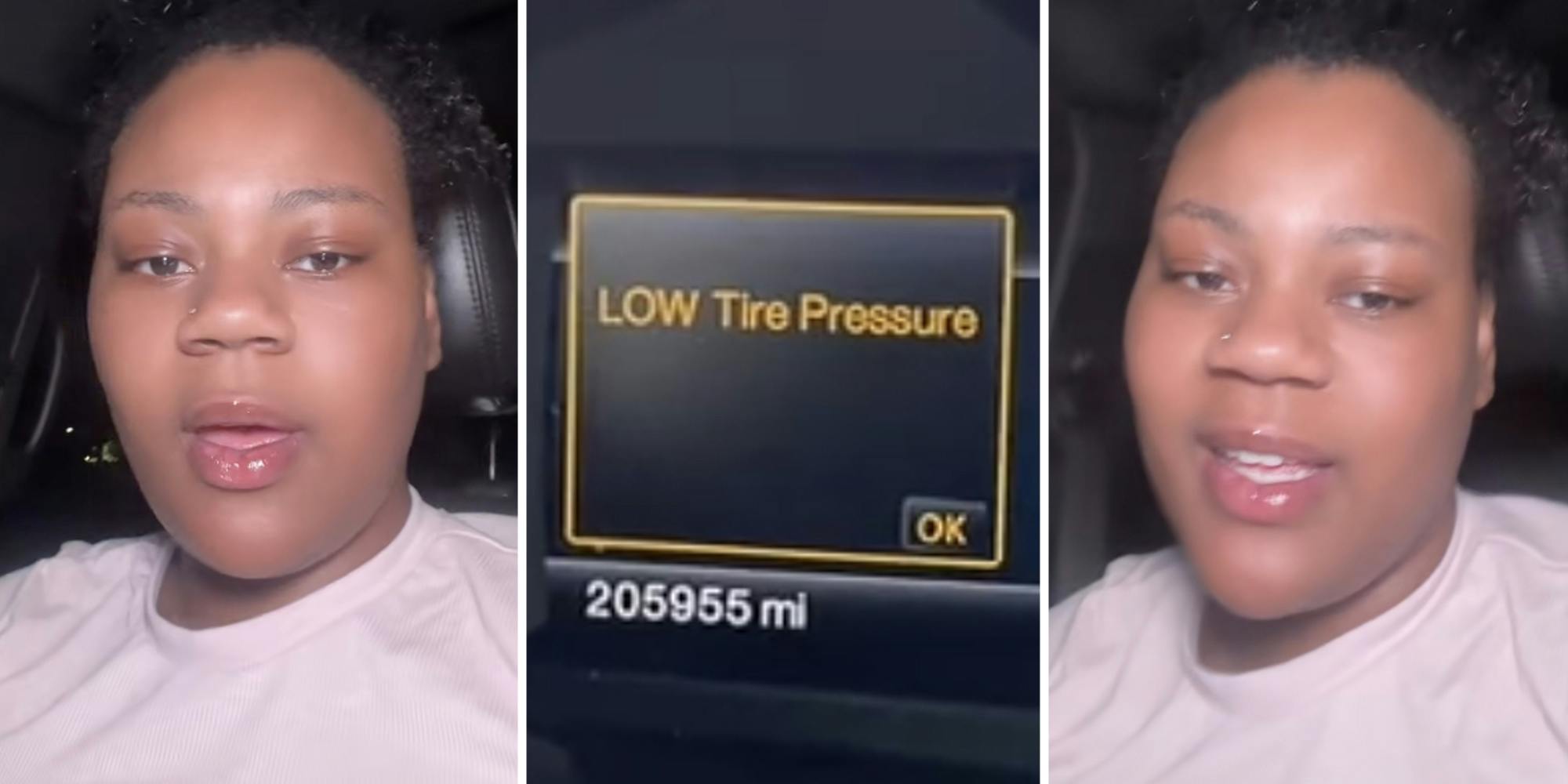 Woman talking(l+r), Low Tire Pressure notice(c)
