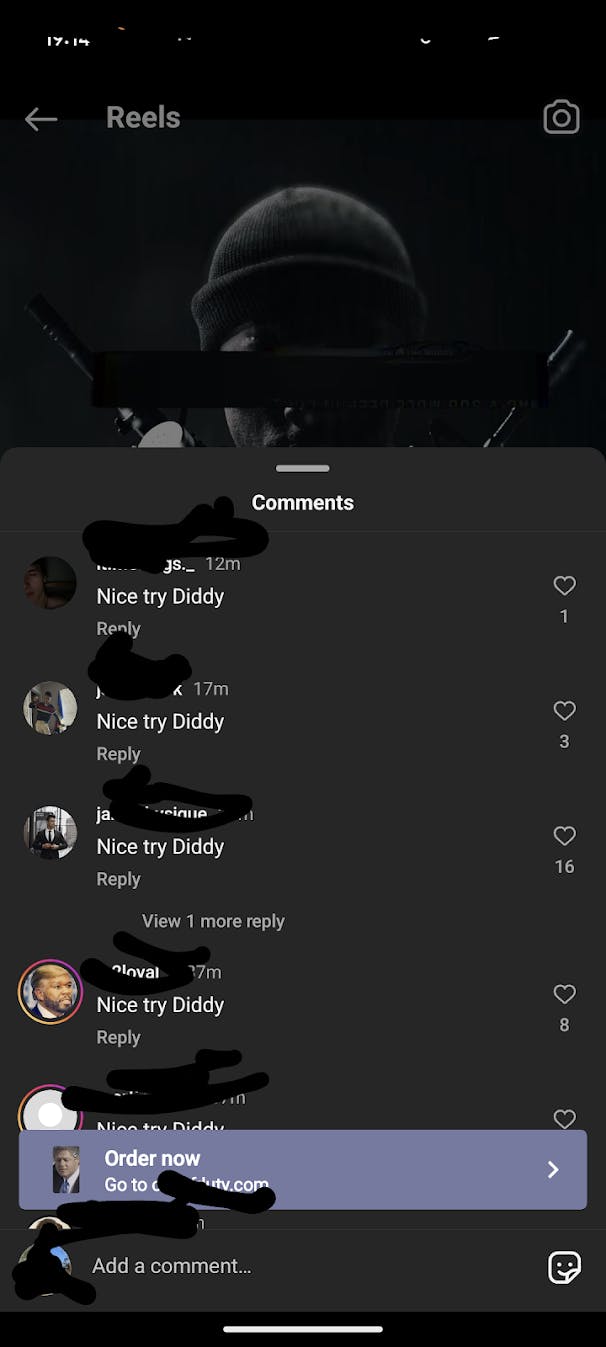 Screenshot of a Call of Duty ad on Instagram with all of the comments saying, 'Nice try Diddy.'