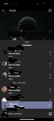 Screenshot of a Call of Duty ad on Instagram with all of the comments saying, "Nice try Diddy."