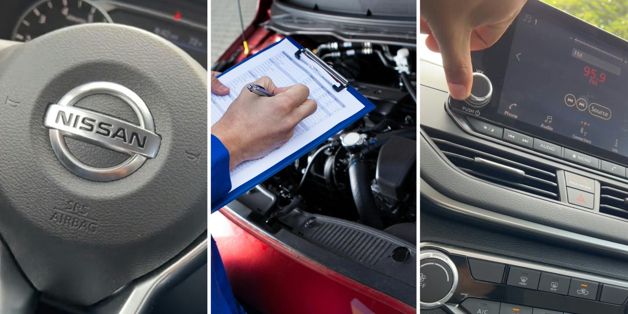 Nissan steering wheel(l), Mechanic checking engine(c), Hand on radio tuner in car(r)