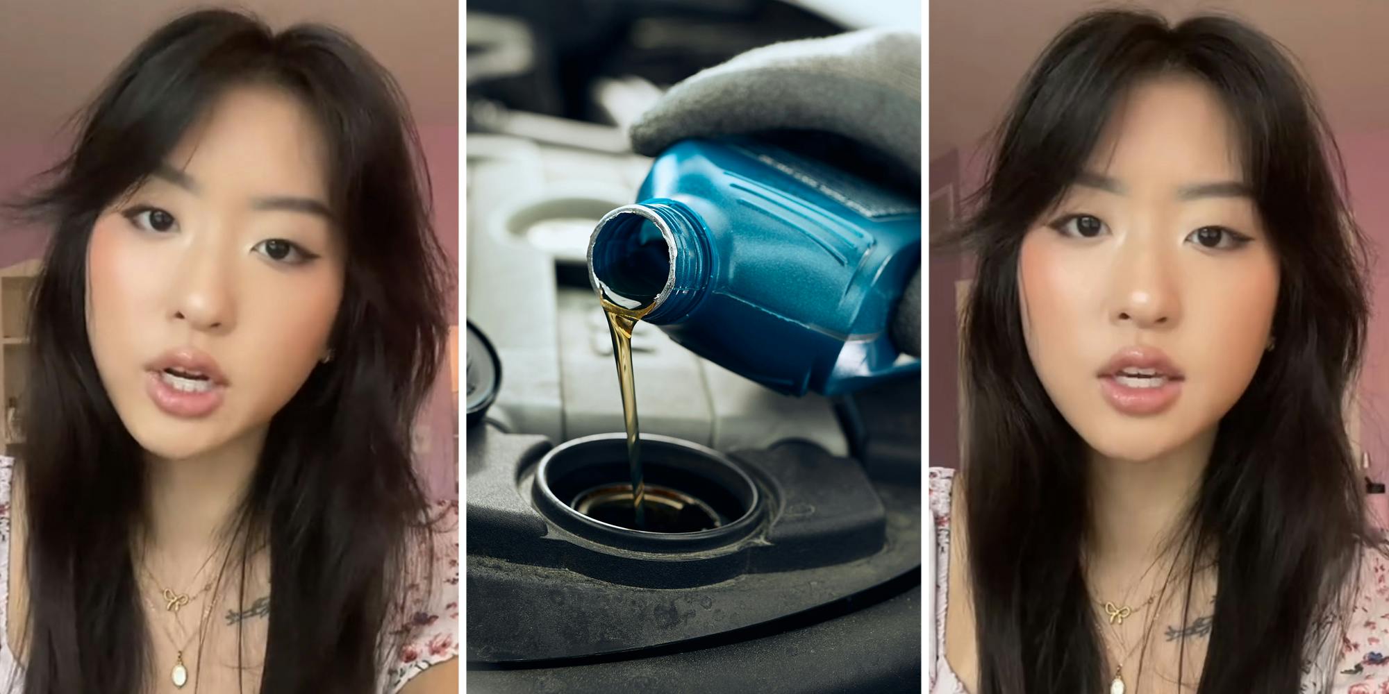 Woman talking(l+r), Hand pouring oil into engine(c)