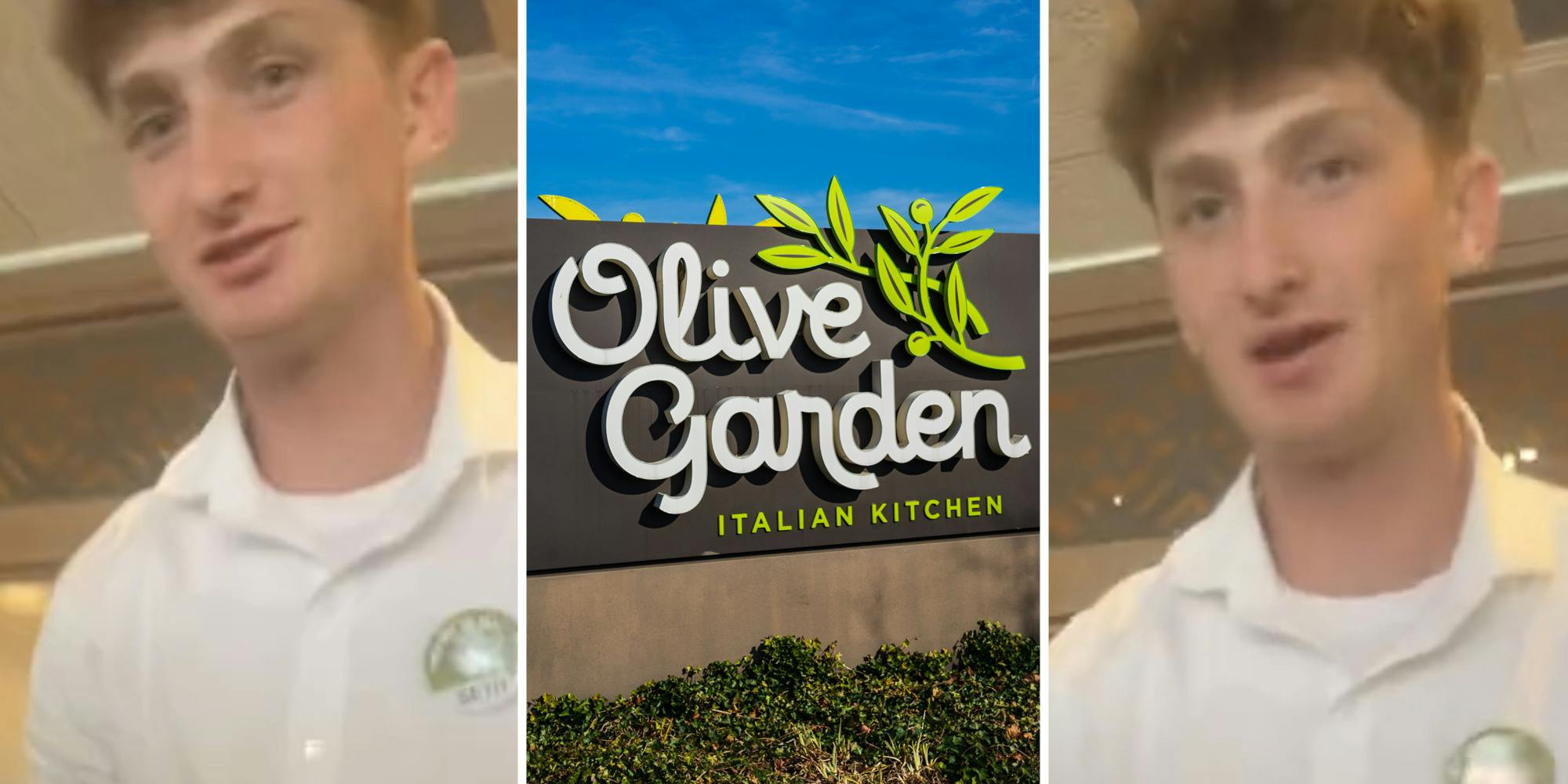 Server talking(l+r), Olive Garden sign(c)