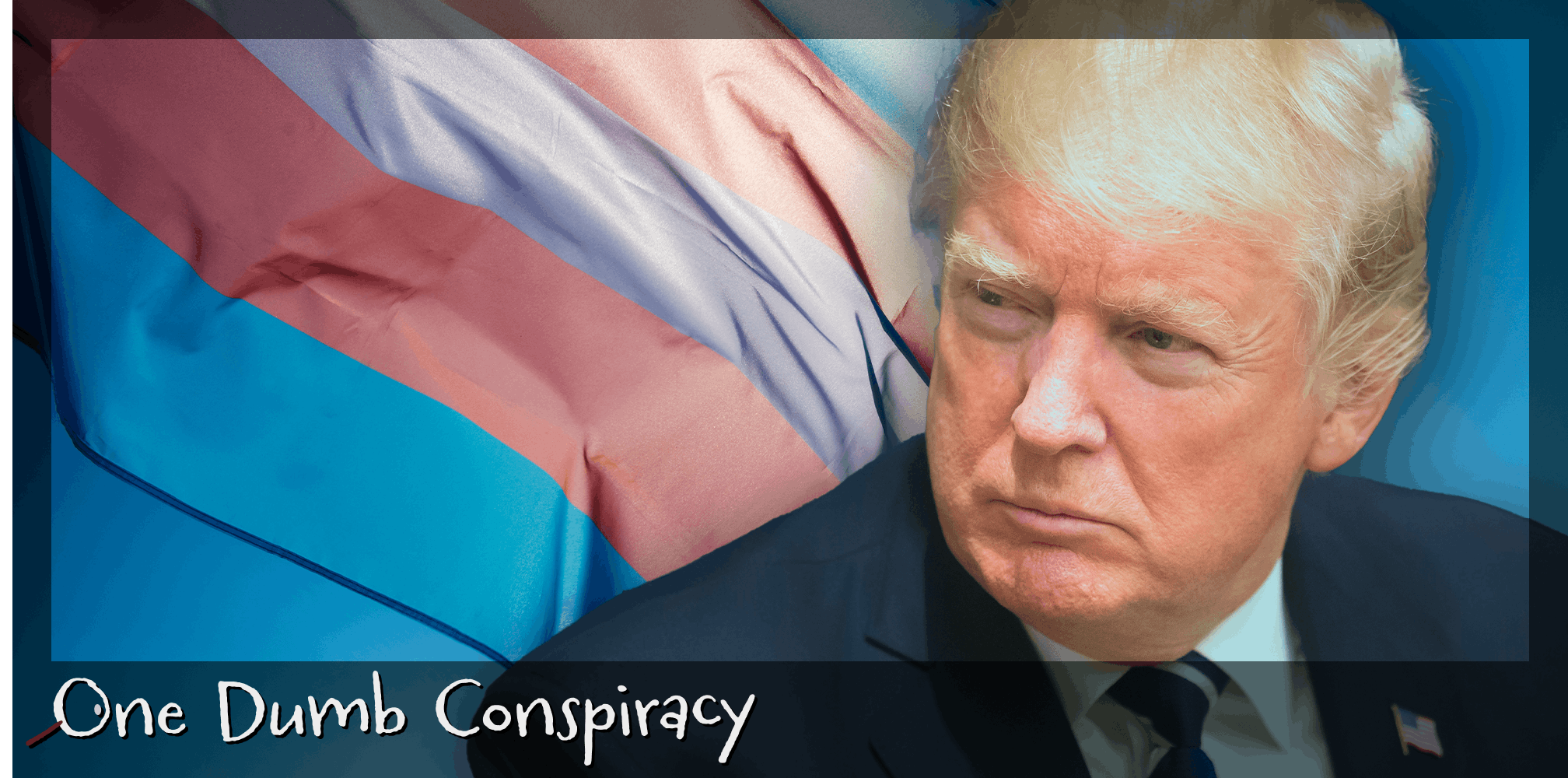 A trans flag and Donald Trump. There is text that says 'One Dumb Conspiracy' in the bottom left corner.