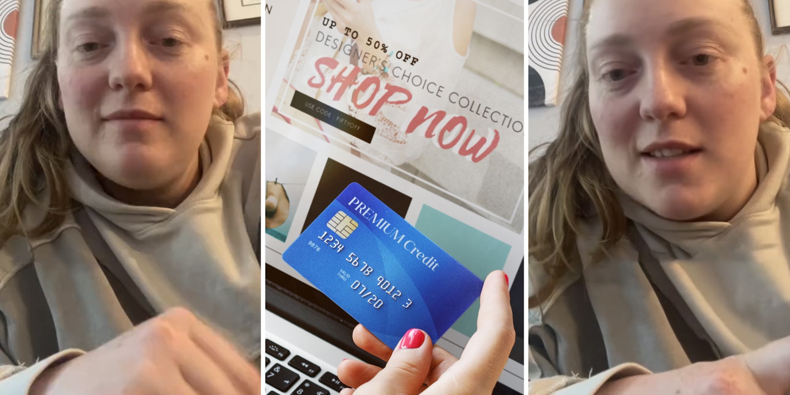 Woman talking(l+r), Hand holding credit card by computer retail website(c)