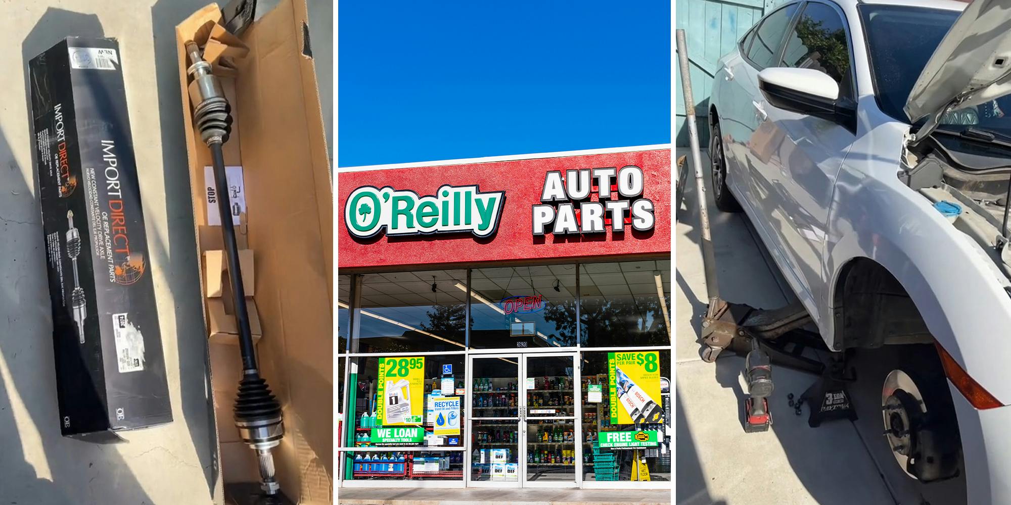 Mechanic installs brand-new axles from O’Reilly’s on Honda Civic